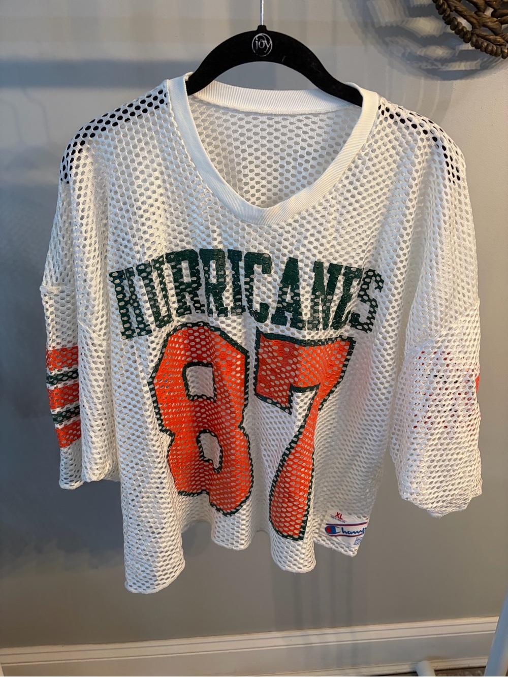 Vintage Champion White Mesh V-Neck 'HURRICANES' Jersey Top with Orange 87 - XL